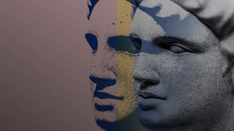 Graphic designed image of the face of an ancient Roman statue, doubled and overlayed with neutral blues and brown reds