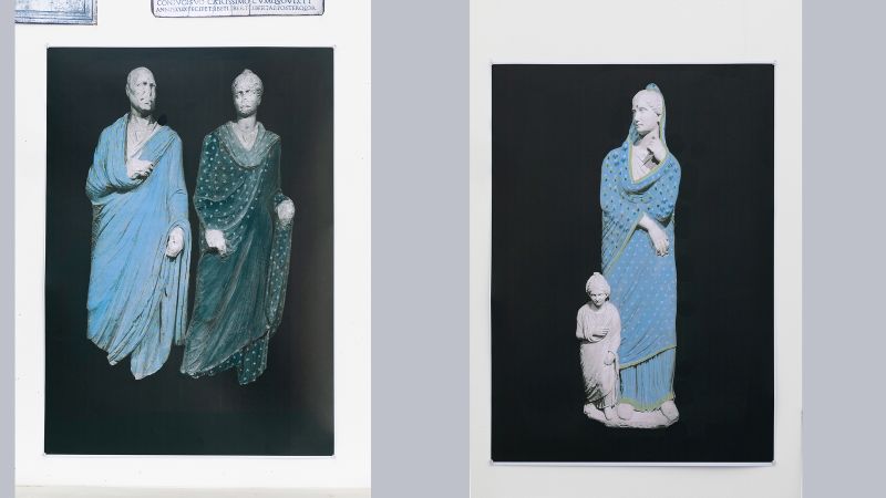Two adjacent color photographs showing ancient Roman figurative sculptures wearing colorful saris