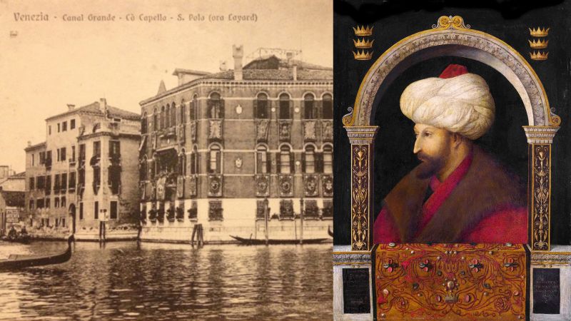 Composite image showing a detail of postcard of Venice on the left, and a painted portrait of Sultan Mehmet II by Gentile Bellini on the right