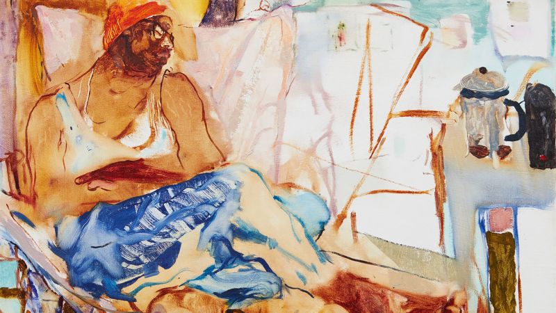 Gesturally figurative painting depicting a sitting black man with crossed legs on the left and a French press coffee pot on a table to the right