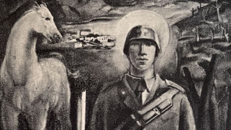 Charcoal drawing of a uniformed soldier with a horse to his left