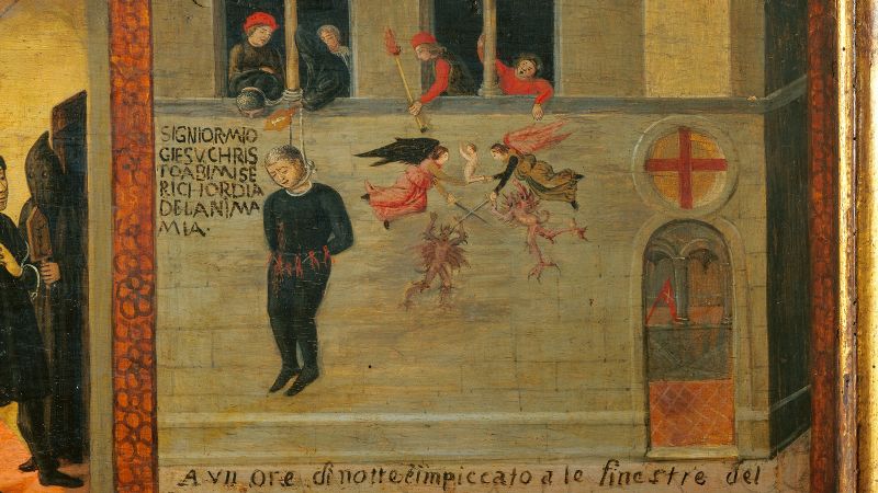 Color photograph of a portion of a nine-panel painting that depict a man hanging by the neck from the pillar of a building, with various human, angelic, and demonic figures