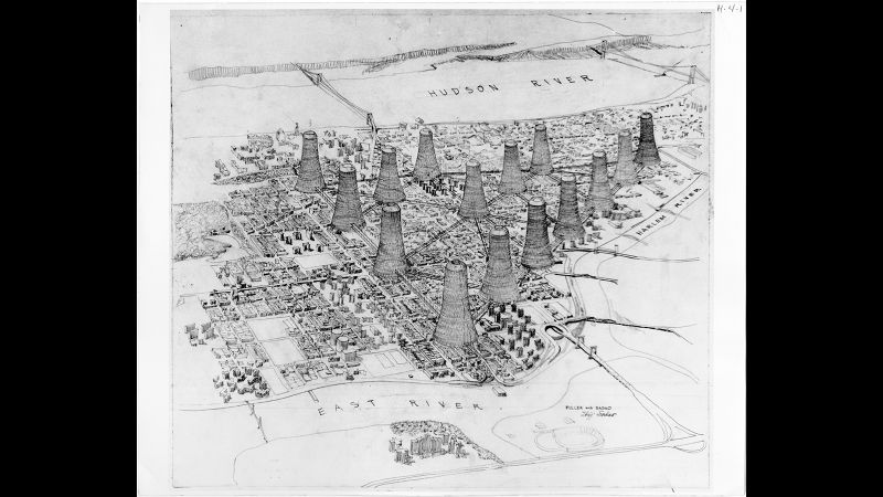 Black and white reproduction of a bird's eye view of upper Manhattan, with large towers interspersed among the lower-rise buildings