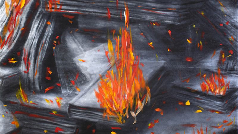 Color reproduction of a painting of a burning book