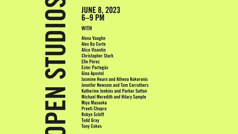 Simple graphic-design element with a lime green background with the words "Open Studios, June 8 2023 6-9 pm" and a list of participating artists' names