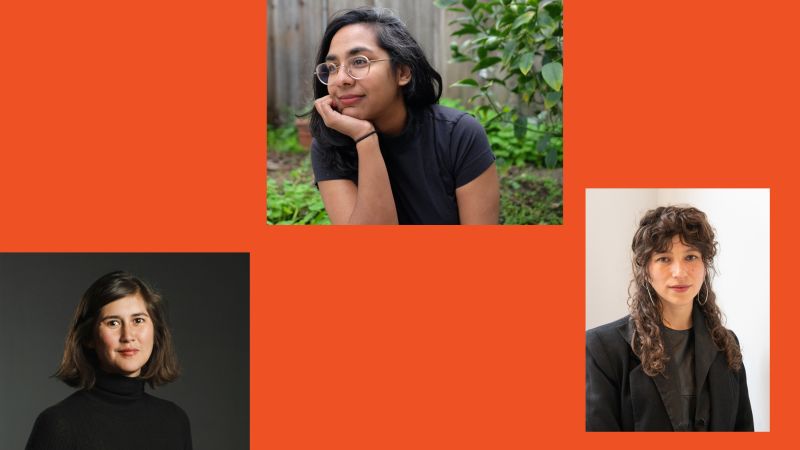Three headshots of women in a red orange field 
