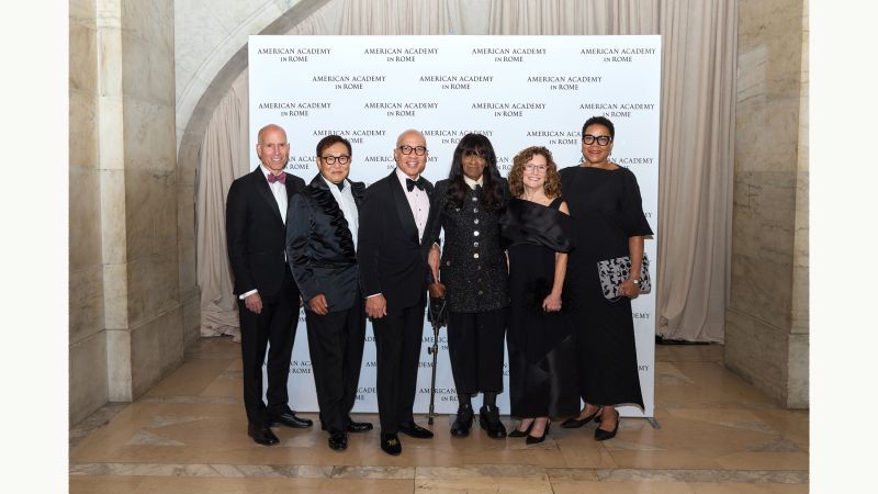 President & CEO Dr. Peter N. Miller, Board Chair Calvin Tsao (2010 Resident), Honoree Darren Walker, Honoree Barbara Chase-Riboud (1958 Fellow), Gala Co-Chair Mary Margaret Jones (1998 Fellow, 2020 and 2023 Resident), and Gala Co-Chair Marilynn Davis.