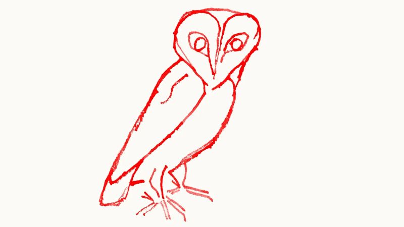 A drawing of an owl in red