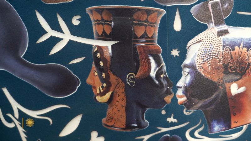 Detail of a 2D collage artwork depicting ceramic Etruscan vessels with African faces painted on them