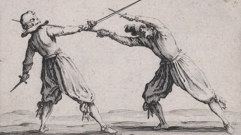 Etching of two men dueling 