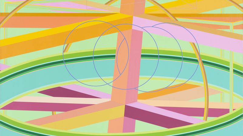 Multicolored abstract painting that resembles spinning wheel and gears