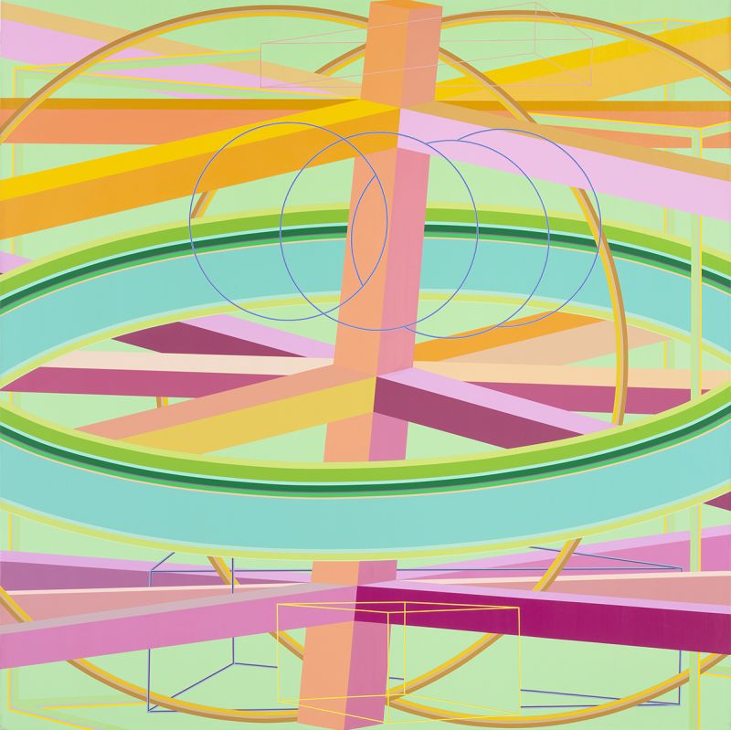 Multicolored abstract painting that resembles spinning wheel and gears