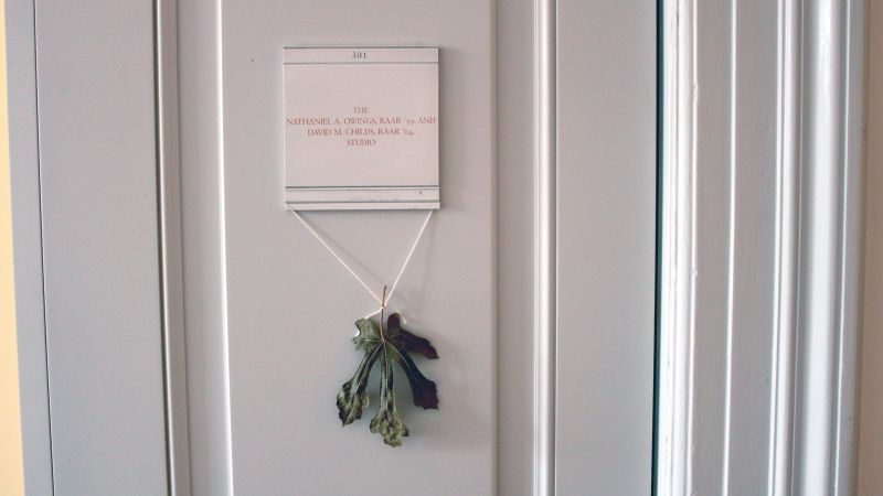 Color photo of a white door with a leaf hanging from a name plate