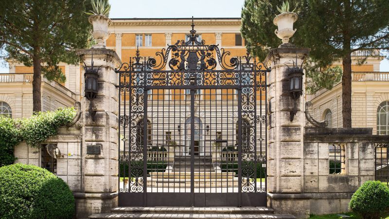 Color photograph of the front gates of the American Academy in Rome