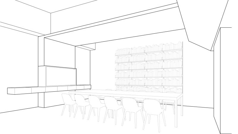 a minimal digital schematic architectural rendering of an office conference room with chairs, long table, and bookshelves