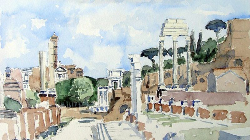 Color photograph of a watercolor drawing showing a mix of ancient ruins against a bright, cloudy sky