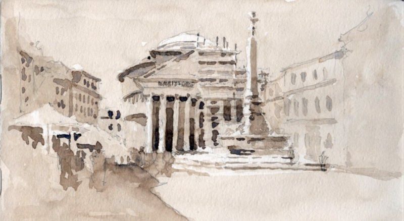 Color photograph of a brownish watercolor drawing of the Pantheon in Rome, and the fountain and obelisk in the plaza in front of the building