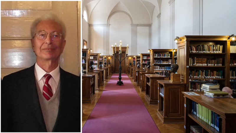 A man in a coat and tie, left, and the interior of a library, right