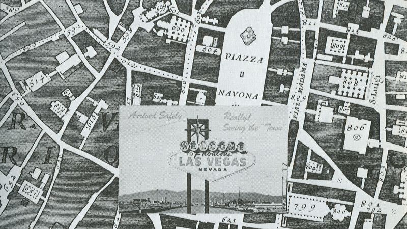 Detail of figure 17 of Robert Venturi and Denise Scott Brown’s book Learning from Las Vegas, showing a Las Vega postcard centered on a closeup of a famous map of Rome