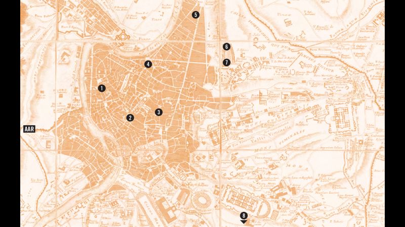Reproduction of a map of Rome in monochromatic orange