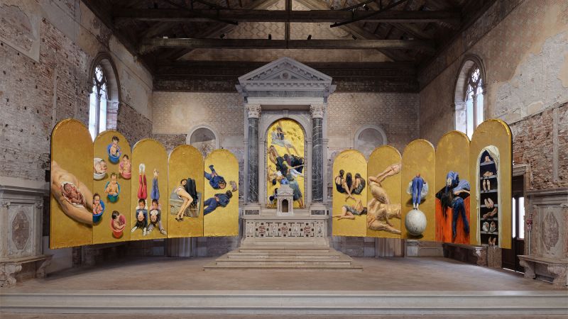 Color photo of a multipaneled altarpiece made from contemporary paintings installed in an Italian church