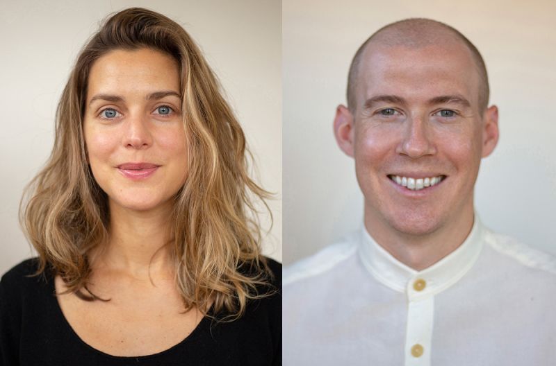 Two color photographs of the heads and shoulders of two people placed side by side: one the left is a light skinned woman with blue eyes and blond hair; on the right is a light skinned man with a white shirt and nearly shaved head; both smile at the camera