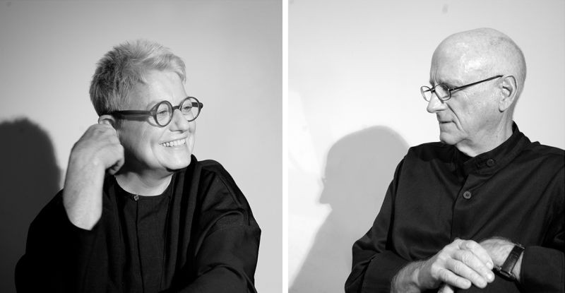 Two black and white photographs side by side; on the left is a light skinned woman wearing glasses, on the right is a light skinned man wearing glasses