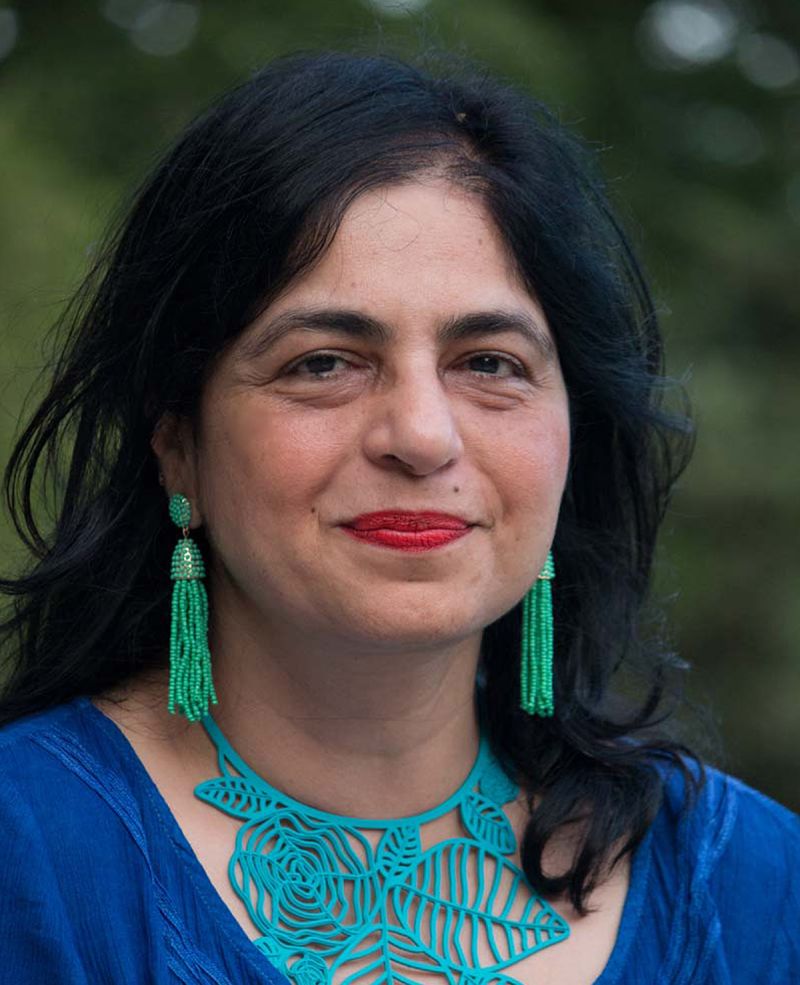 Color photograph of the head and shoulders of a medium skinned woman with dark hair smiling slightly at the camera; she wears long green earrings, an elaborate aqua neckpiece, and a blue top and is in an outdoor location with greenery behind her