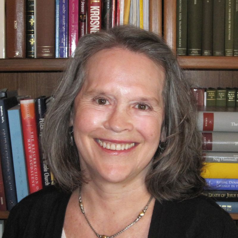 Color photograph of the head and shoulders of a light skinned woman with gray hair; she sits in front of a wooden shelf with books and looks at the camera with a friendly smile