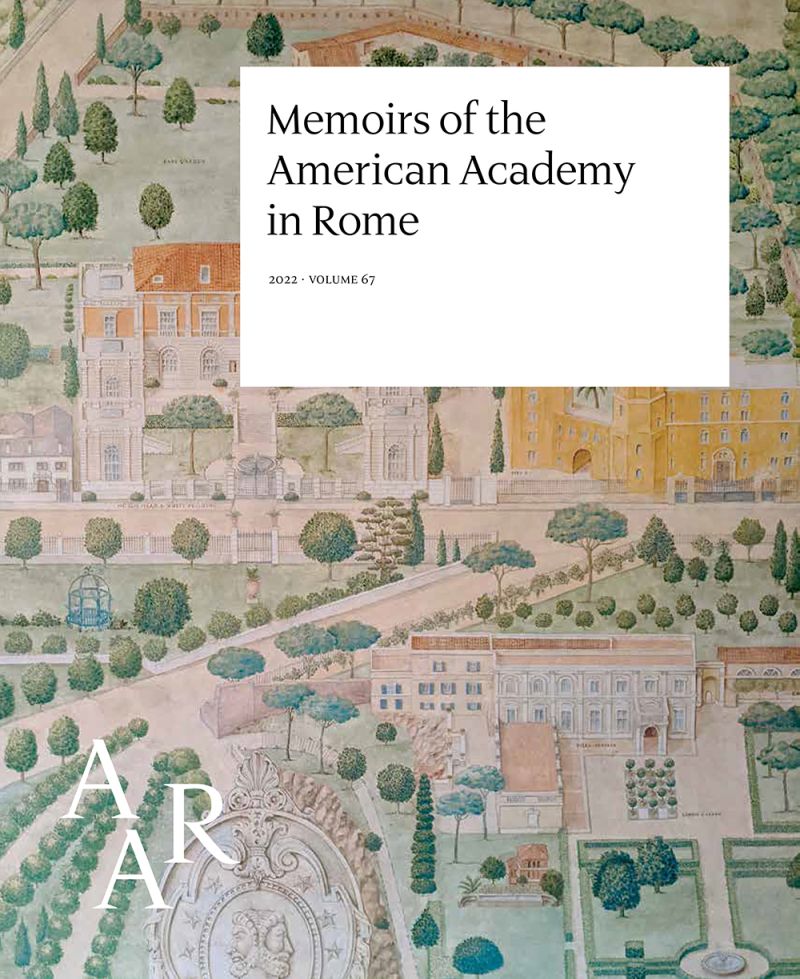 Cover of a journal volume with the publication's title and volume number, Memoirs of the American Academy in Rome 67, printed in a white rectangle that is positioned over a color photograph of a painted wall mural depicting a bird's eye view of the AAR campus in Rome