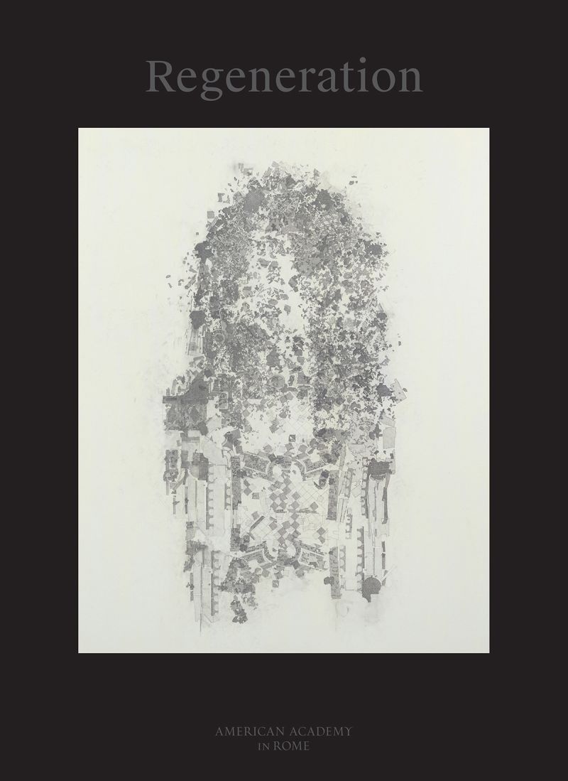 The cover of the exhibition brochure for Regeneration, showing an abstract mixed-media drawing/painting by Guillermo Kuitca surrounded by a thick dark brown border area