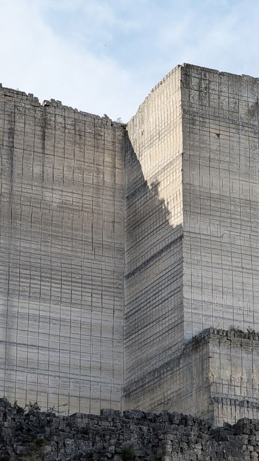 Color photograph of a limestone quarry in Matera