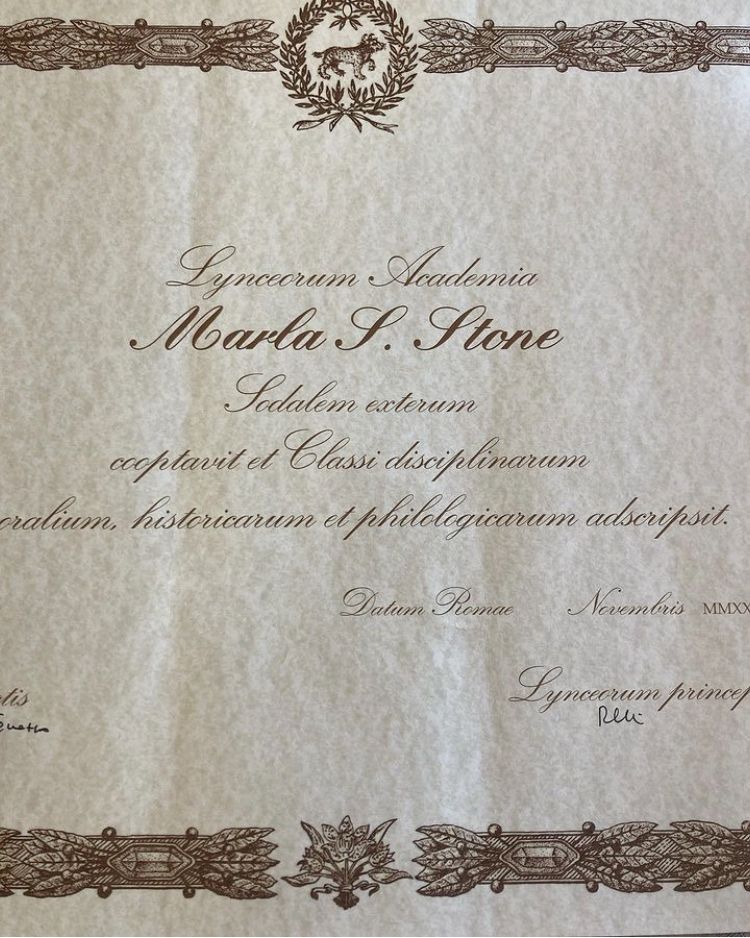 A certificate from the Accademia dei Lincei showing Marla Stone's election as member