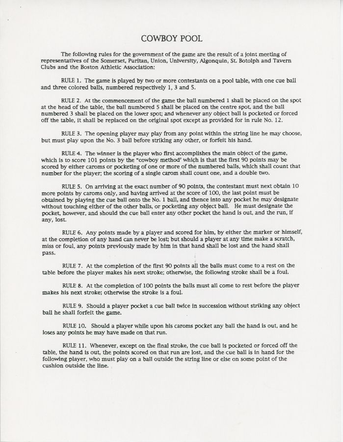 Scan of a piece of paper on which the rules of a billiard game are printed, coming from a word processed document