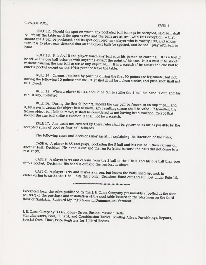 Scan of a piece of paper on which the rules of a billiard game are printed, coming from a word processed document