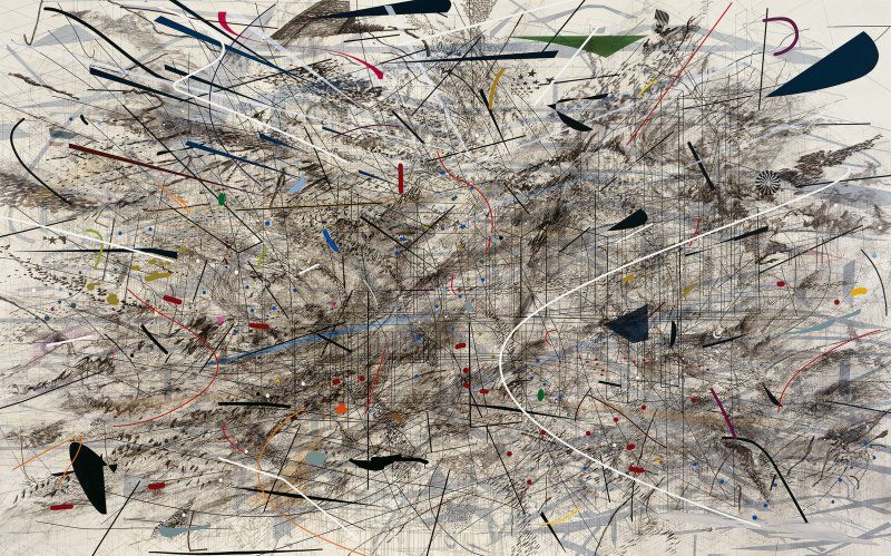 Color reprodution of a painting with stark abstract lines and shapes
